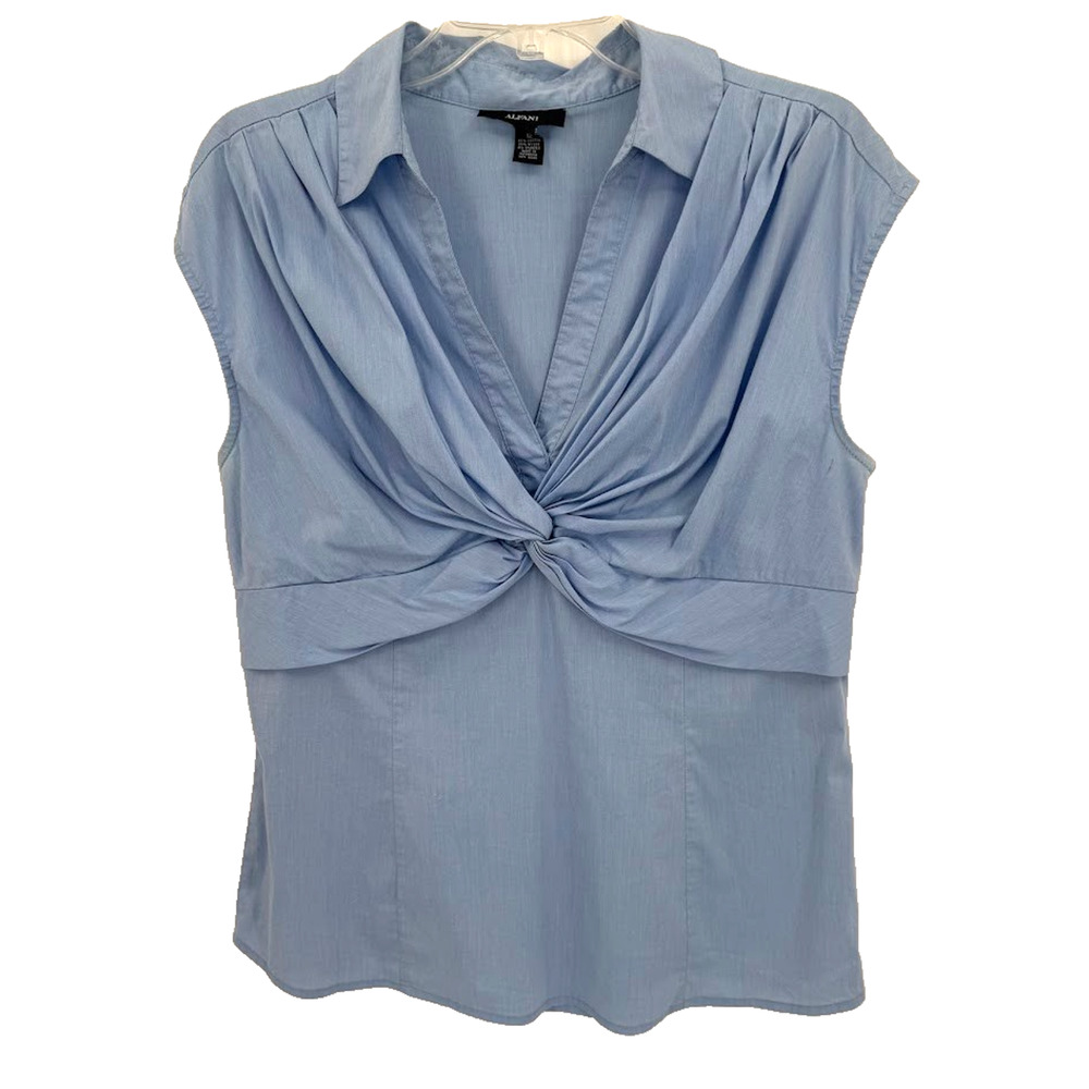 Alfani Blue Twist Front Blouse Women’s 12 Cap Sleeve Stretch Career Top